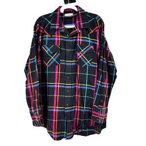 90s‎ Karman Pearl Snap Flannel Shirt Men's XL Plaid Landman Western Cowboy USA